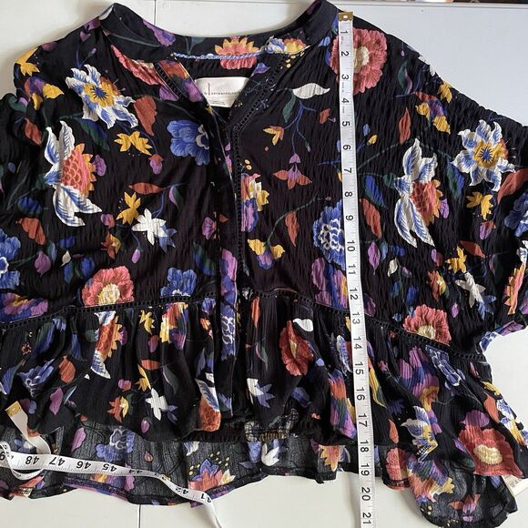Anthropologie Black Floral Josie Dolman Sleeve Top XSP Crepe Boho Peasant Flowy - Picture 9 of 12